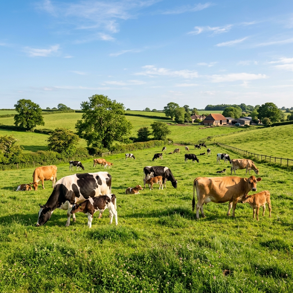 Healthy dairy cows grazing in sunset pasture