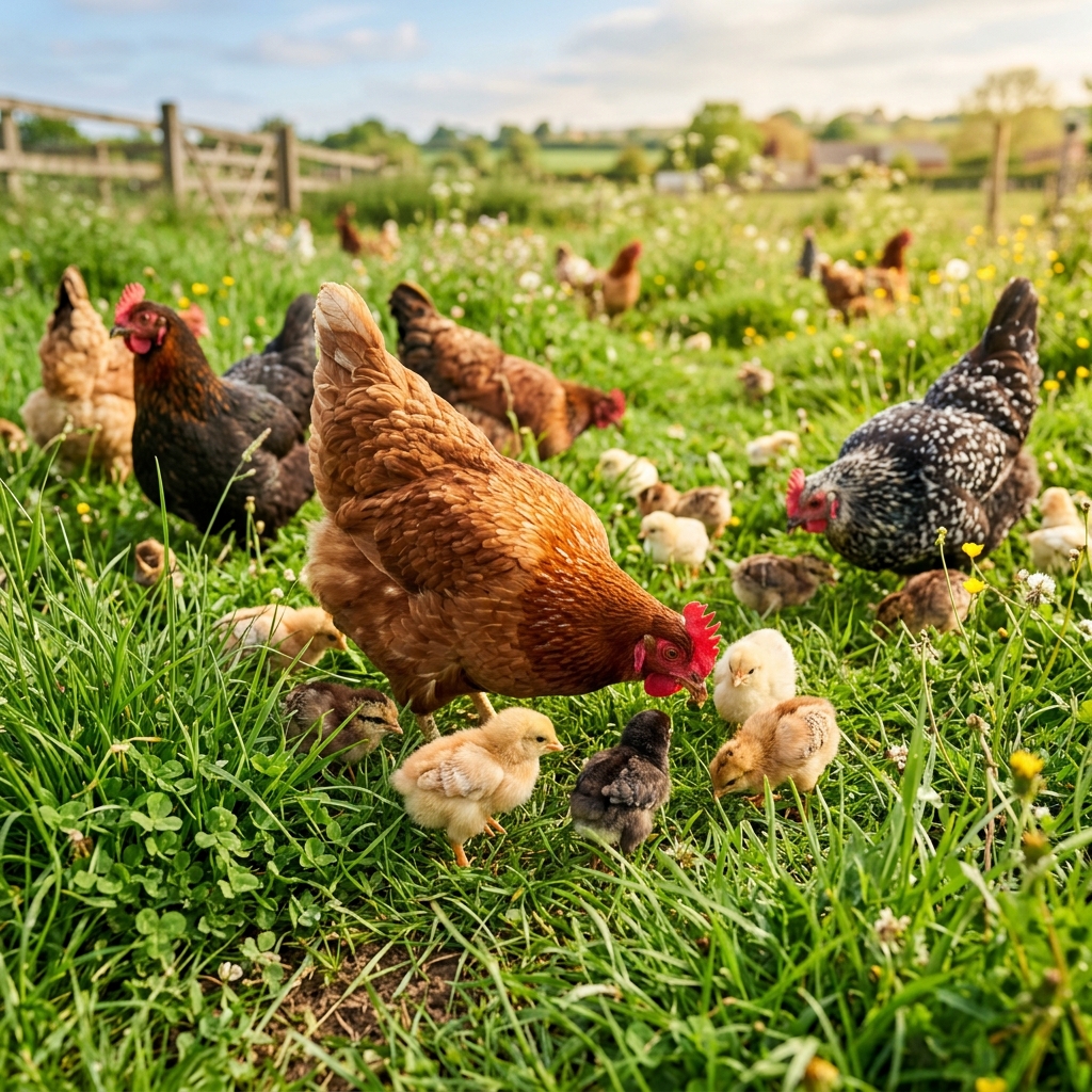 Healthy poultry and chicks grazing in lush pasture